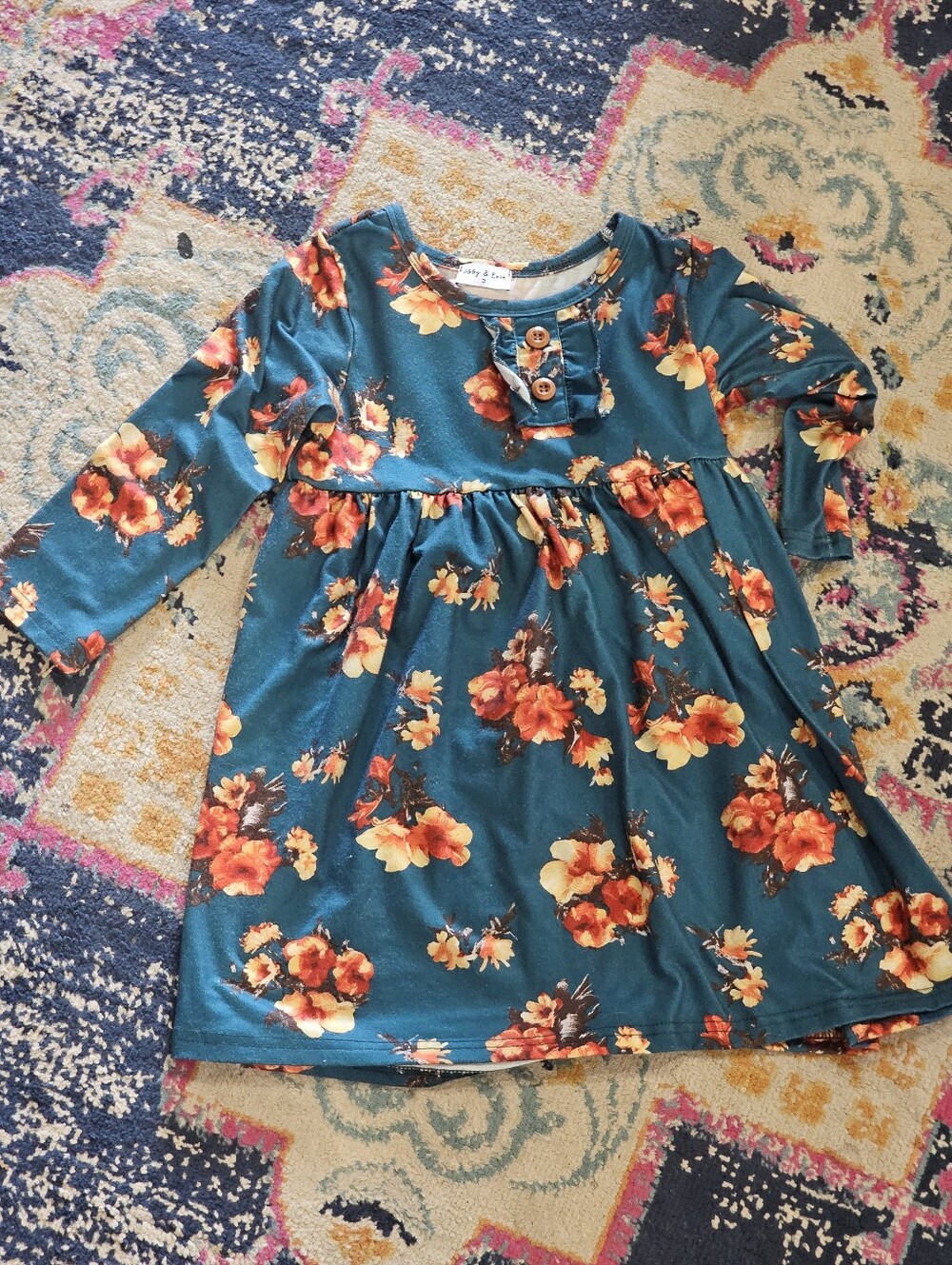 Girls Teal Floral Long-Sleeve Dress